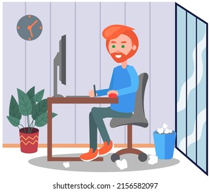 Office staff, manager work and communication. Office worker at the table. Business employees on their workspace. Co-worker. Businessman or a clerk working at his office workplace flat style