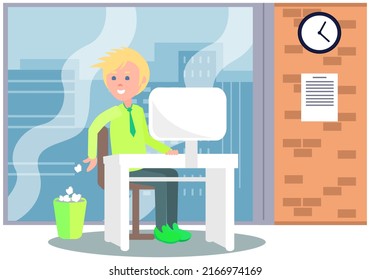 Office staff, manager work and communication. Office worker at the table. Business employees on their workspace. Co-worker. Businessman or a clerk working at his office workplace flat style