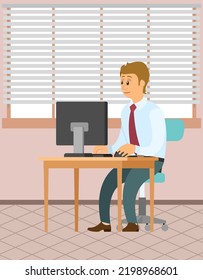 Office staff, manager work and communication. Office worker at the table. Business employees on their workspace. Co-worker. Businessman or a clerk working at his office workplace flat style