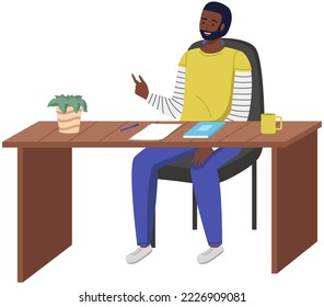 Personal de oficina, trabajo de director y comunicación. Trabajador de oficina en la mesa. Empleados en su área de trabajo. Cooperante. Empresario o empleado que trabaja en su oficina de trabajo de estilo plano