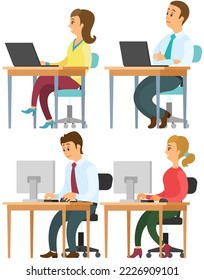 Office staff, manager work and communication. Office worker at the table. Business employees on their workspace. Co-worker. Businessman or a clerk working at his office workplace flat style