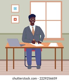 Office staff, manager work and communication. Office worker at the table. Business employees on their workspace. Co-worker. Businessman or a clerk working at his office workplace flat style