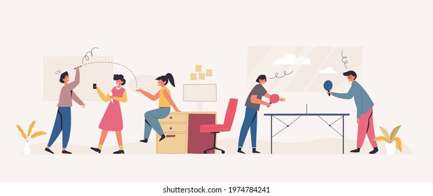 Office staff play a game together in relaxing time, Some play table tennis. Some play guessing problems. vector illustration flat design