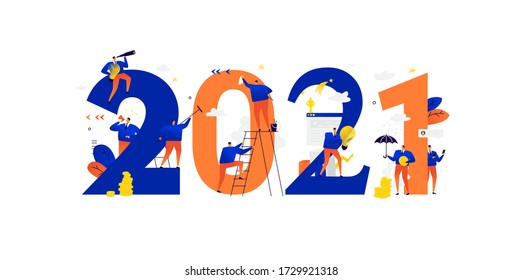 Office Staff Are Preparing To Celebrate The New Year 2021. Vector. Businessmen Communicate Among Large Numbers. New Year Is New Business Plans. Save Investment And Search For Creative Ideas.