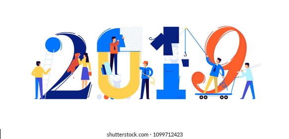 Office staff are preparing to meet the new year 2019. Vector illustration. Cartoon characters repair the numbers. Image is isolated on white background. Flat illustration for banner and site.