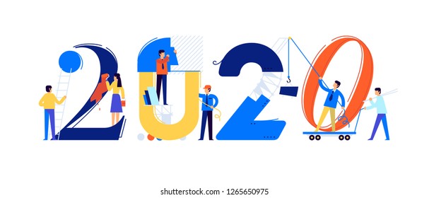 Office staff are preparing to meet the new year 2020. Vector illustration. Cartoon characters repair the numbers. Image is isolated on white background. Flat illustration for banner and site.