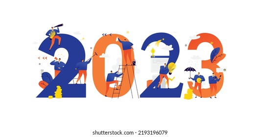 Office staff are preparing to meet the new year 2023. Vector illustration. Cartoon characters repair the numbers. Image is isolated on white background. Flat illustration for banner and site.