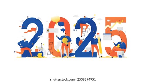 Office staff are preparing to meet the new year 2025. Vector illustration. Cartoon characters repair the numbers. Image is isolated on white background. Flat illustration for banner and site.