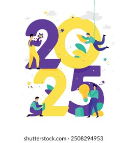 Office staff are preparing to meet the new year 2025. Vector illustration. Cartoon characters repair the numbers. Image is isolated on white background. Flat illustration for banner and site.