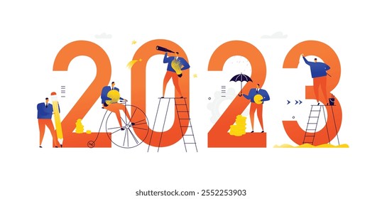 Os funcionários do escritório estão se preparando para enfrentar o novo ano de 2023. Ilustração vetorial. Caracteres de desenhos animados reparam os números. A imagem está isolada no plano de fundo branco. Ilustração plana para banner e site.