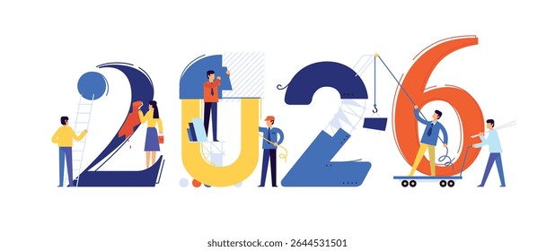 El personal de la oficina se está preparando para cumplir el nuevo año 2026. Ilustración vectorial. Los personajes de dibujos animados reparan los números. La Imagen está aislada sobre fondo blanco. Ilustración plana para Anuncio y sitio.