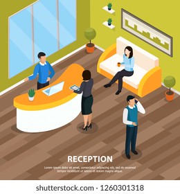 Office staff at reception isometric background with interior elements vector illustration