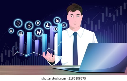 Büroangestellte in Blockkette, Kryptostein, Bitcoin mit Laptop. Menschenhandel, Arbeit mit Infografik-Hologramm. Business Manager arbeitet mit Marktdaten, Finanzdiagramm, Balken. Vektorgrafik