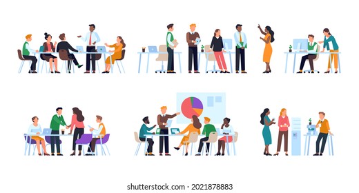 Office staff work. Business people planning strategy, conduct briefings, discussion and meeting, corporate team brainstorming, . Vector set