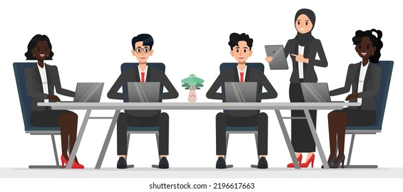 Office staff work. Business people planning strategy, conduct briefings, discussion and meeting, corporate team brainstorming, . Vector set