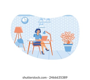 Office staff work in comfortable home offices. Talk to coworkers online. Home Office concept. Flat vector illustration.