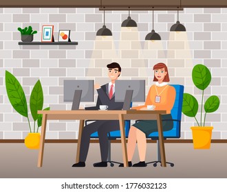 Office staff, work and communication. Head and subordinates. Various workers, managers team. Business employees on their workspace. Office workers. Co-workers. Colleagues discuss project teamwork
