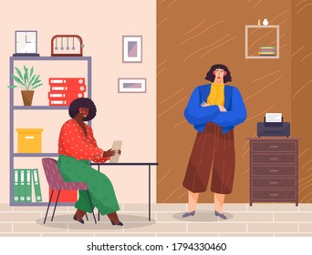 Office staff, work and communication. Head and subordinates. Various workers, managers team. Business employees on their workspace. Office workers. Co-workers. Colleagues discuss project teamwork