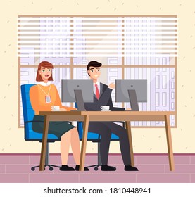 Office staff, work and communication. Head and subordinates. Various workers, managers team. Business employees on their workspace. Office workers. Co-workers. Colleagues discuss project teamwork