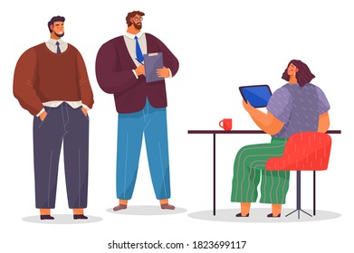 Büropersonal, Arbeit und Kommunikation. Leiter und Untergebenen. Verschiedene Arbeiter, Manager-Team. Top-Manager-Mitarbeiter auf verschiedenen Ebenen. Büroangestellte. Mitarbeiter. Kollegen diskutieren Projektteam
