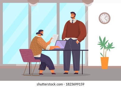 Personal de oficina, trabajo y comunicación. Jefe y subordinados. Varios trabajadores, gerentes. Empleados en su área de trabajo. Trabajadores de oficina. Cotrabajadores. Colegas discuten el trabajo en equipo del proyecto