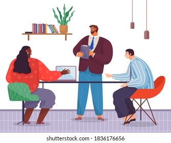 Personal de oficina, trabajo y comunicación. Jefe y subordinados. Varios trabajadores, gerentes. Empleados directivos de diferentes niveles. Trabajadores de oficina. Cotrabajadores. Colegas discuten el trabajo en equipo del proyecto