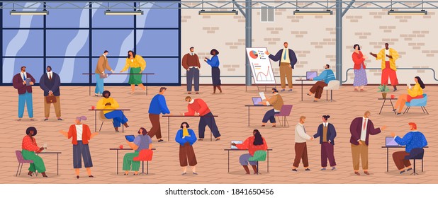 Büropersonal, Arbeit und Kommunikation. Leiter und Untergebenen. Verschiedene Arbeiter, Manager-Team. Top-Manager-Mitarbeiter auf verschiedenen Ebenen. Büroangestellte. Mitarbeiter. Kollegen diskutieren Projektteam