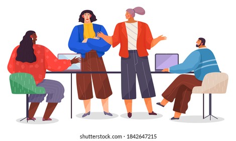 Office staff, work and communication. Head and subordinates. Various workers, managers team. Top managers employees of different levels. Office workers. Co-workers. Colleagues discuss project teamwork