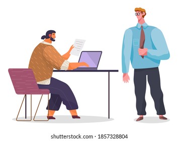 Büropersonal, Arbeit und Kommunikation. Leiter und Untergebenen. Verschiedene Arbeiter, Manager-Team. Geschäftsmitarbeiter auf ihrem Arbeitsplatz. Büroangestellte. Mitarbeiter. Kollegen diskutieren Projektteam