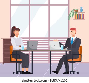 Office staff, work and communication. Head and subordinates. Various workers, managers team. Business employees on their workspace. Office workers. Co-workers. Colleagues discuss project teamwork
