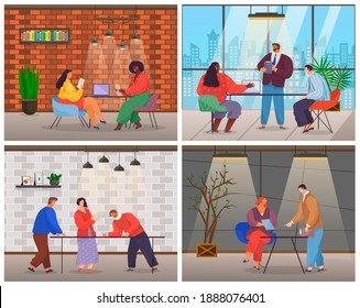 Office staff, work and communication. Head and subordinates. Various workers, managers team. Top managers employees of different levels. Office workers. Co-workers. Colleagues discuss project teamwork