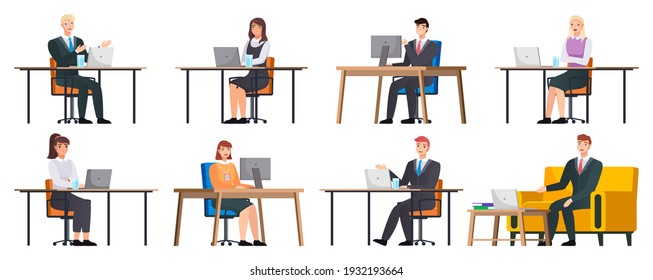 Office staff, work and communication. Head and subordinates. Various workers, managers team. Business employees on their workspace. Office workers. Co-workers. Colleagues discuss project teamwork