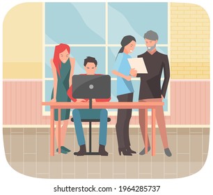 Office staff, work and communication. Head and subordinates. Various workers, managers team. Business employees on their workspace. Office workers. Co-workers. Colleagues discuss project teamwork