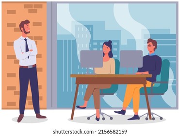 Office staff, work and communication. Head and subordinates. Various workers, managers team. Top managers employees of different levels. Office workers. Co-workers. Colleagues discuss project teamwork