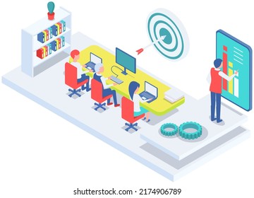 Büropersonal, Arbeit und Kommunikation. Leiter und Untergebenen. Verschiedene Arbeiter, Manager-Team. Top-Manager-Mitarbeiter auf verschiedenen Ebenen. Büroangestellte. Mitarbeiter. Kollegen diskutieren Projektteam