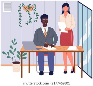 Büropersonal, Arbeit und Kommunikation. Leiter und Untergebenen. Verschiedene Arbeiter, Manager-Team. Top-Manager-Mitarbeiter auf verschiedenen Ebenen. Büroangestellte. Mitarbeiter. Kollegen diskutieren Projektteam