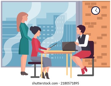 Büropersonal, Arbeit und Kommunikation. Leiter und Untergebenen. Verschiedene Arbeiter, Manager-Team. Top-Manager-Mitarbeiter auf verschiedenen Ebenen. Büroangestellte. Mitarbeiter. Kollegen diskutieren Projektteam