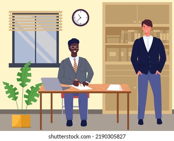 Büropersonal, Arbeit und Kommunikation. Leiter und Untergebenen. Verschiedene Arbeiter, Manager-Team. Top-Manager-Mitarbeiter auf verschiedenen Ebenen. Büroangestellte. Mitarbeiter. Kollegen diskutieren Projektteam