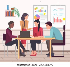 Office staff, work and communication. Head and subordinates. Various workers, managers team. Top managers employees of different levels. Office workers. Co-workers. Colleagues discuss project teamwork