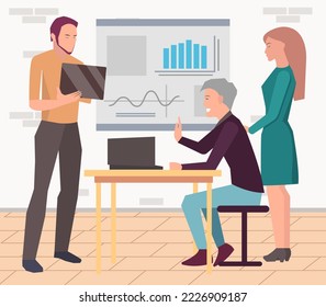 Büropersonal, Arbeit und Kommunikation. Leiter und Untergebenen. Verschiedene Arbeiter, Manager-Team. Top-Manager-Mitarbeiter auf verschiedenen Ebenen. Büroangestellte. Mitarbeiter. Kollegen diskutieren Projektteam