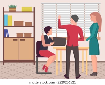 Personal de oficina, trabajo y comunicación. Jefe y subordinados. Varios trabajadores, gerentes. Empleados directivos de diferentes niveles. Trabajadores de oficina. Cotrabajadores. Colegas discuten el trabajo en equipo del proyecto