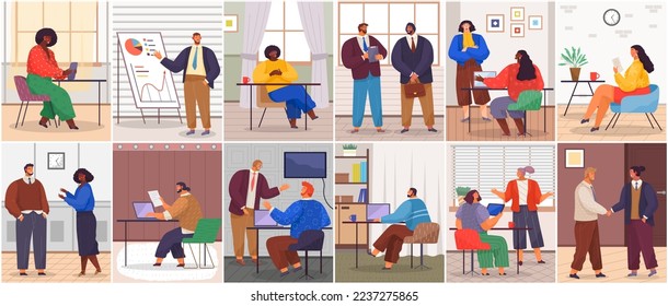 Büropersonal, Arbeit und Kommunikation. Leiter und Untergebenen. Verschiedene Arbeiter, Manager-Team. Top-Manager-Mitarbeiter auf verschiedenen Ebenen. Büroangestellte. Mitarbeiter. Kollegen diskutieren Projektteam