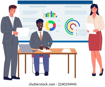 Personal de oficina, trabajo y comunicación. Jefe y subordinados. Varios trabajadores, gerentes. Empleados directivos de diferentes niveles. Trabajadores de oficina. Cotrabajadores. Colegas discuten el trabajo en equipo del proyecto