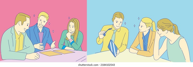 Office staff, work and communication.  Various workers, manager team. Top managers of different level employees. Office workers. meeting set vector