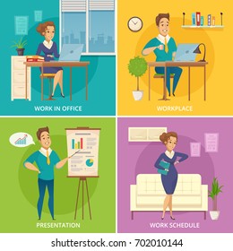 Office staff work place 4 retro icons square with retro cartoon characters on colorful background isolated vector illustration 