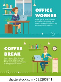 Office staff worker coffee break 2 horizontal retro banners set with personnel cartoon characters isolated vector illustration 
