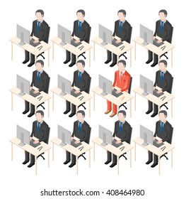 Office staff working at computers in the office. One of the office workers in the red suit. Abstract infographics can be used for illustrations on various topics.