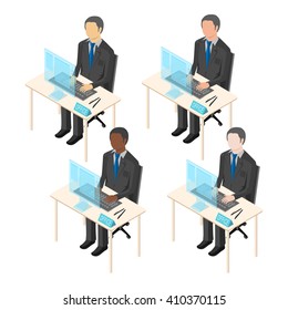 Office staff working at computers with transparent glass monitors. On the table employees is a sign saying - office.