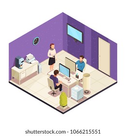 Office staff workplace isomeric composition with woman colleague talking to coworkers men  working at computer vector illustration 