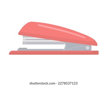 Office stapler vector illustration. Cartoon isolated school stationery and equipment to bind paper with small metal staples, red stapler tool to pin holes in business documents and stapling sheet